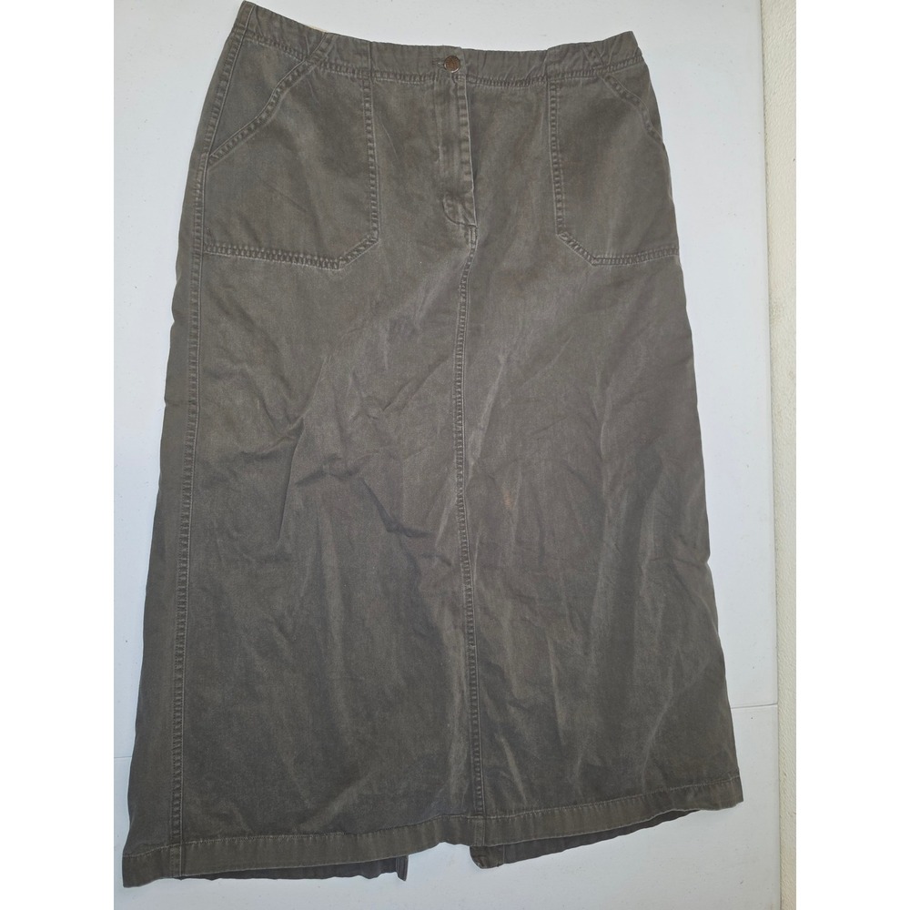 Eddie Bauer Womens 14 Olive Gray Cotton Twill Utility Maxi Skirt Elastic Back